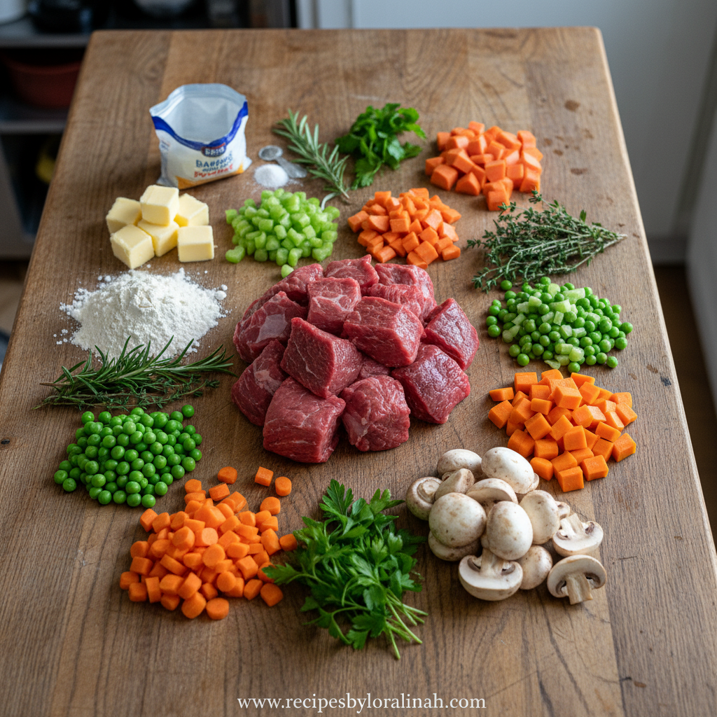 Ingredients for herbed biscuit beef pot pie including beef, vegetables, and herbs
