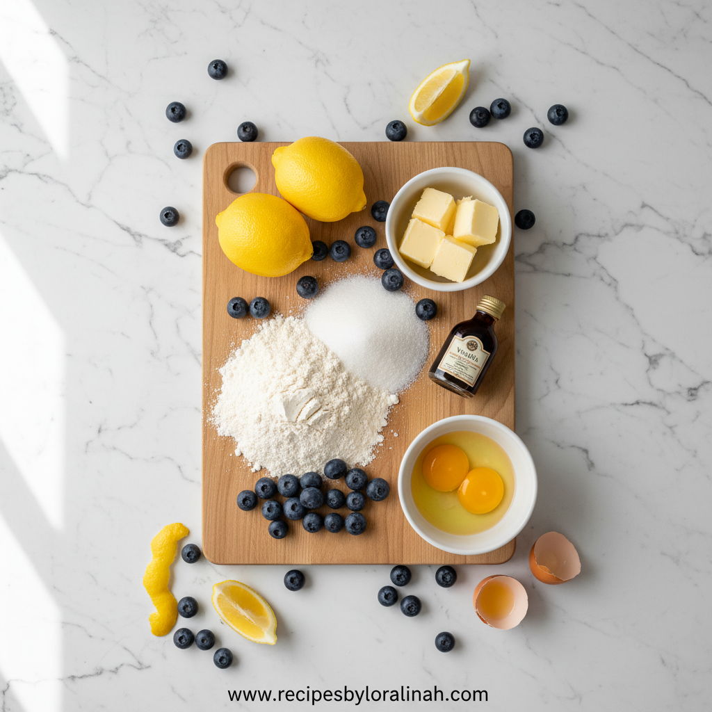 Ingredients for blueberry lemon loaf cake