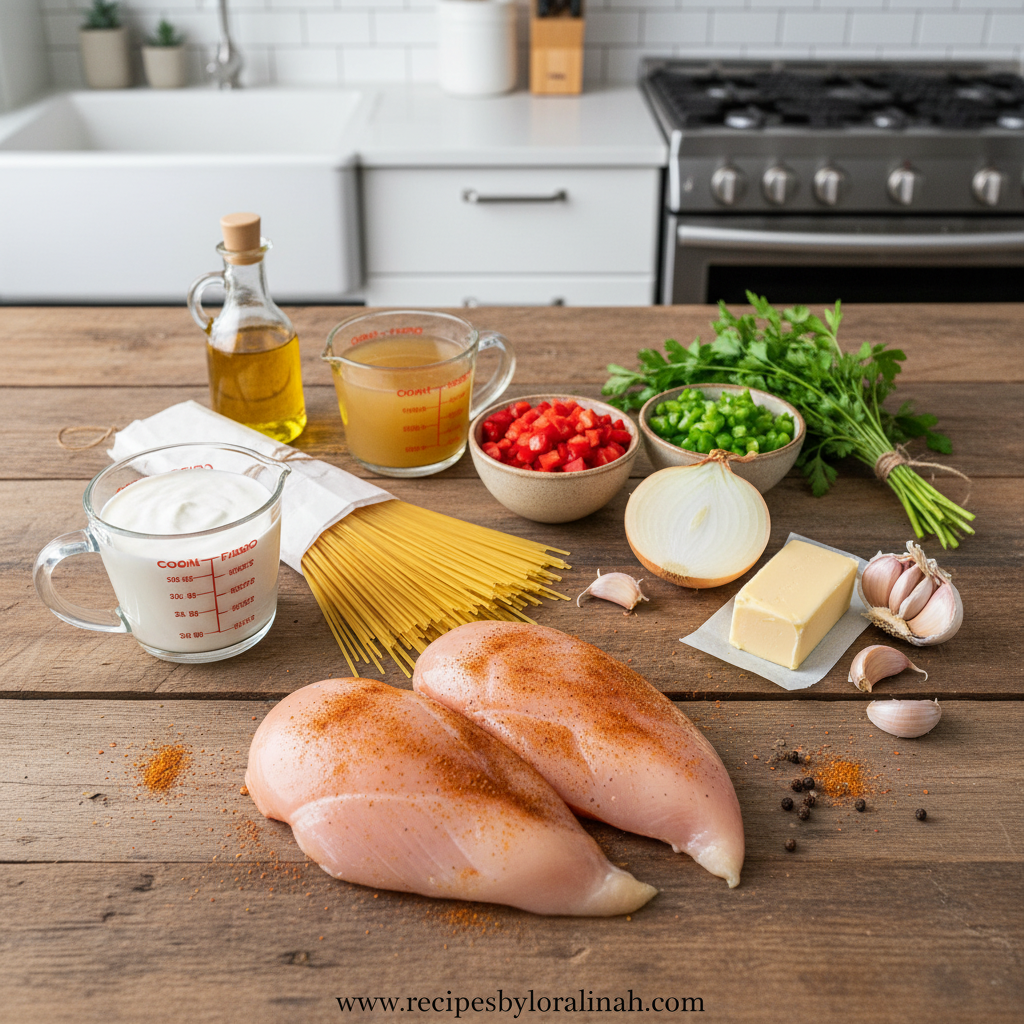 Ingredients for cajun chicken spaghetti including chicken, pasta, peppers and seasonings