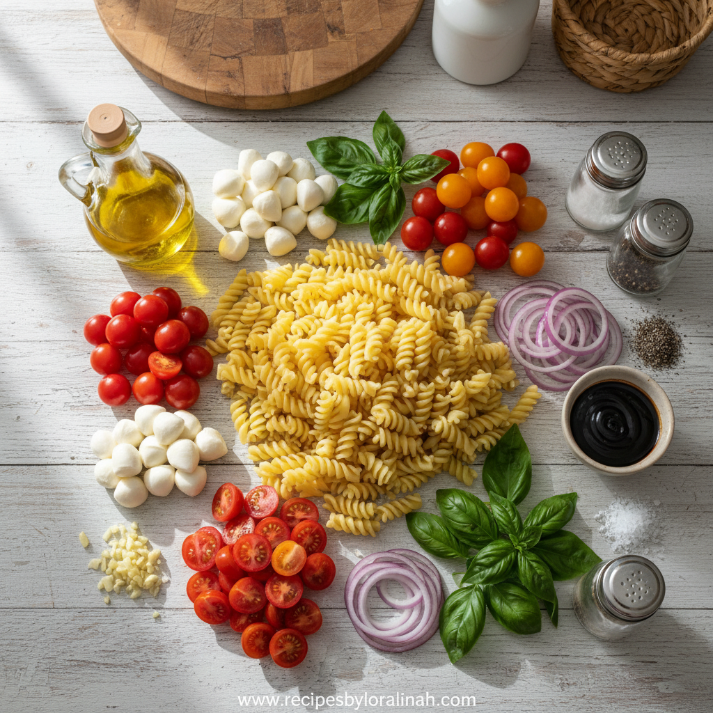 Bruschetta Pasta Salad - Fresh Tomato Basil Recipe 2 Ingredients for bruschetta pasta salad