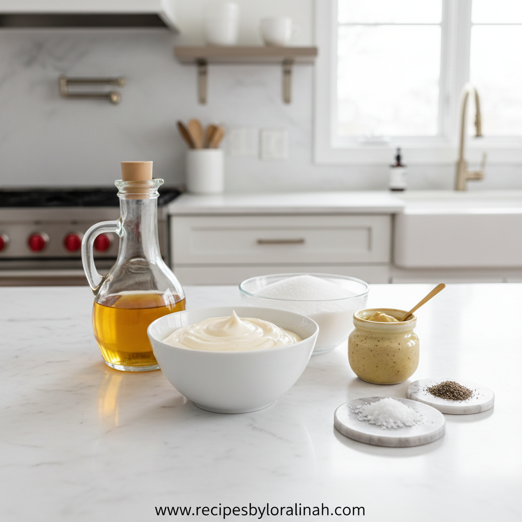 Ingredients for sweet tangy coleslaw dressing including mayonnaise, vinegar, honey and spices
