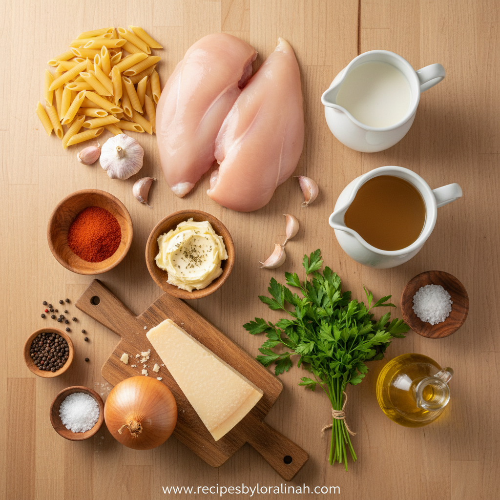 Ingredients for smoky garlic butter chicken pasta