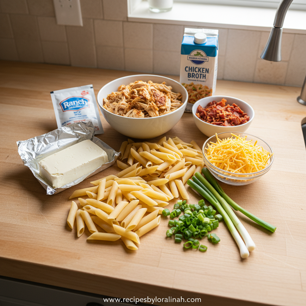 Crack Chicken Pasta Recipe - Creamy Ranch Turkey Pasta Bake 2 Ingredients for crack chicken pasta including pasta, chicken, turkey, cheese, and seasonings