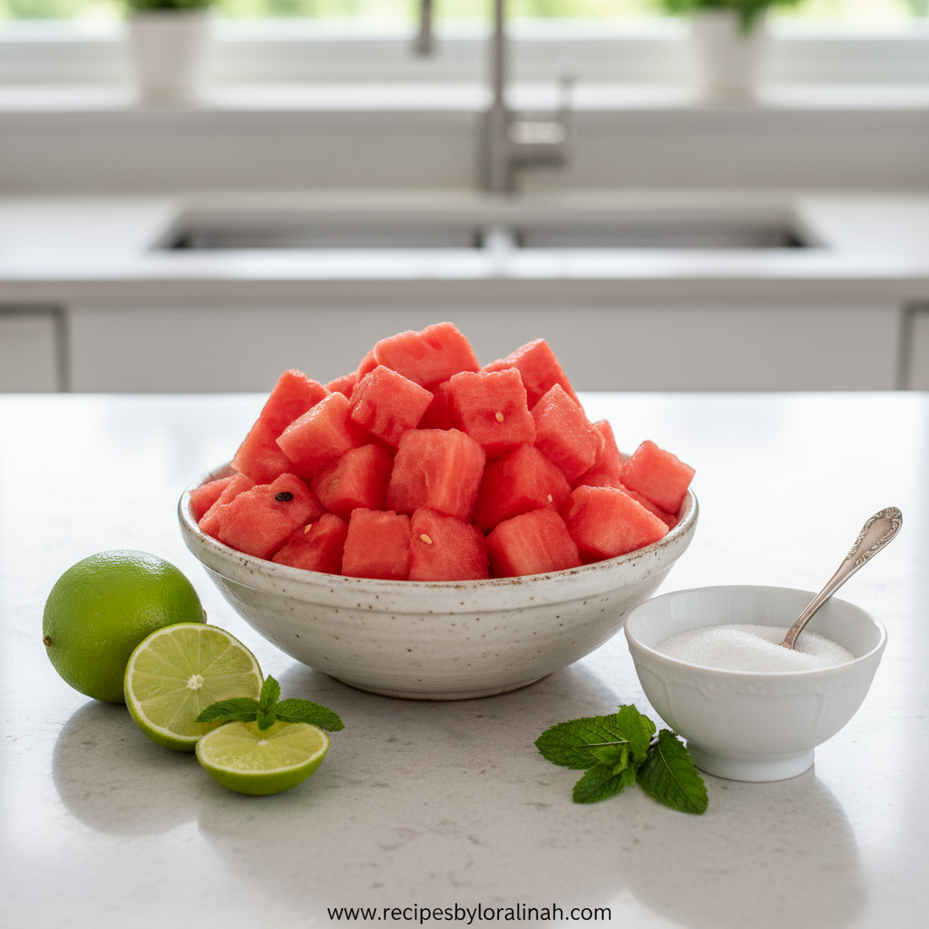 5-Minute Watermelon Sorbet Recipe - Easy Blender Frozen Treat 2 Fresh watermelon chunks, lime, honey, and mint leaves arranged for sorbet making