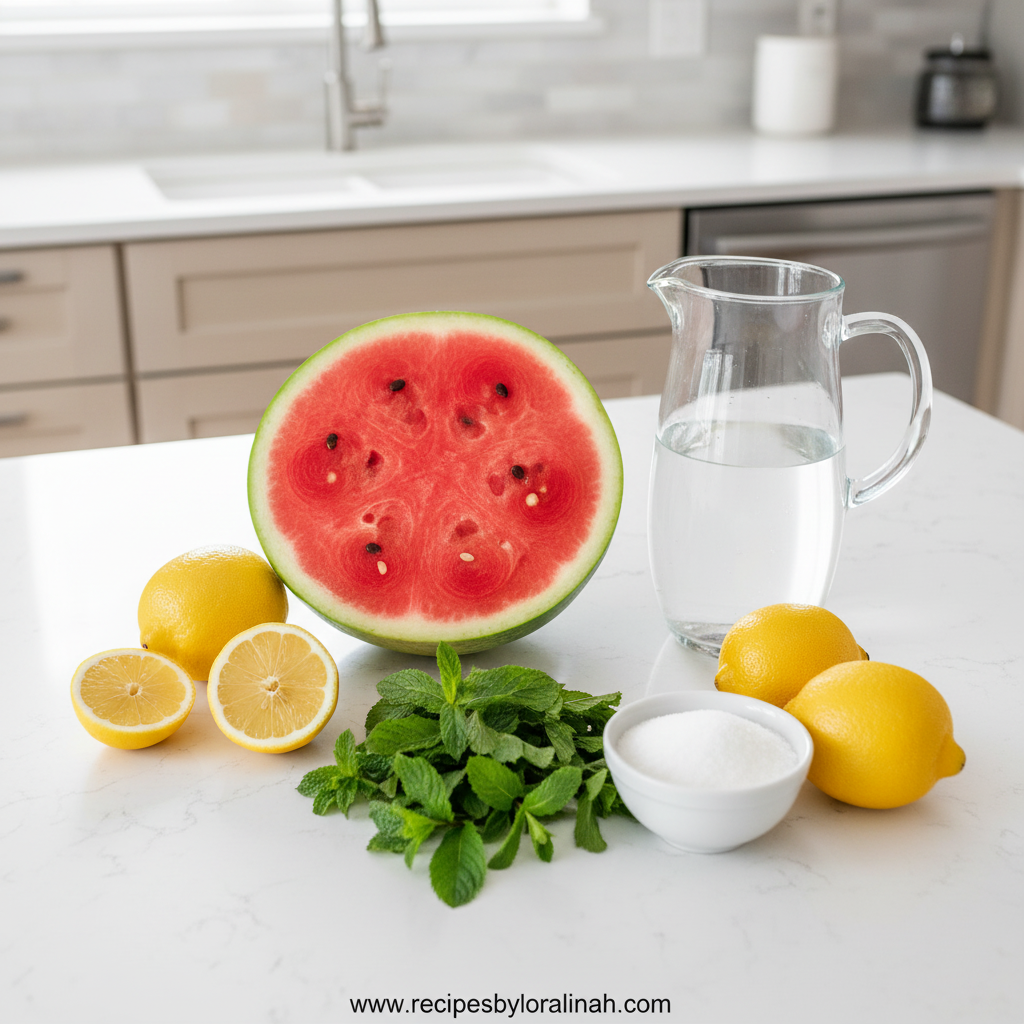 Copycat Chick-fil-A Watermelon Mint Lemonade - Refreshing Summer Drink Recipe 2 Fresh watermelon, lemons, mint leaves, sugar, and water for lemonade