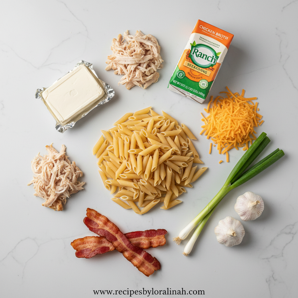 Ingredients for crack chicken penne including chicken, penne pasta, cream cheese, and seasonings