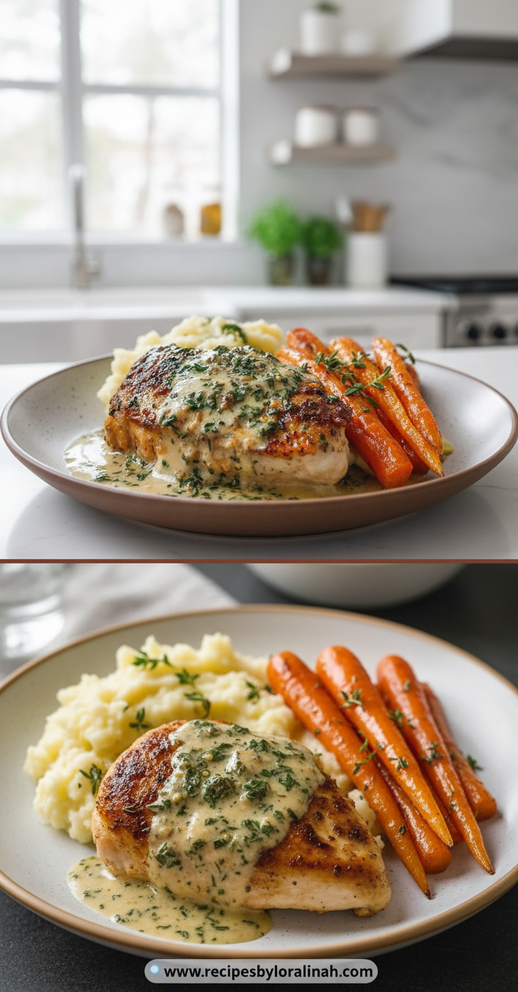 Creamy Herb Chicken Dinner with Mashed Potatoes and Honey Glazed Carrots 4 creamy-herb-chicken-with-mashed-potatoes---honey-glazed-carrots-dinner_feature