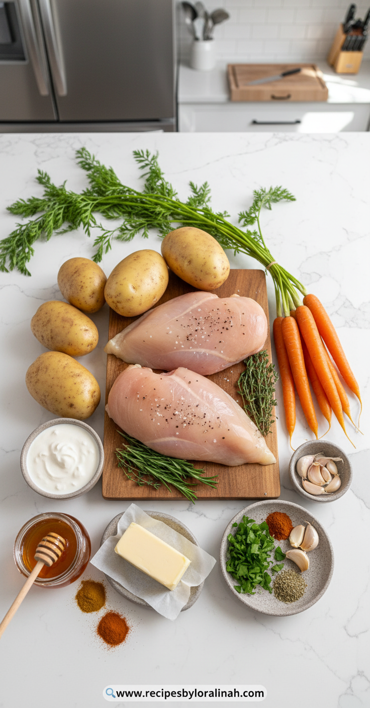 Creamy Herb Chicken Dinner with Mashed Potatoes and Honey Glazed Carrots 2 Ingredients for creamy herb chicken dinner