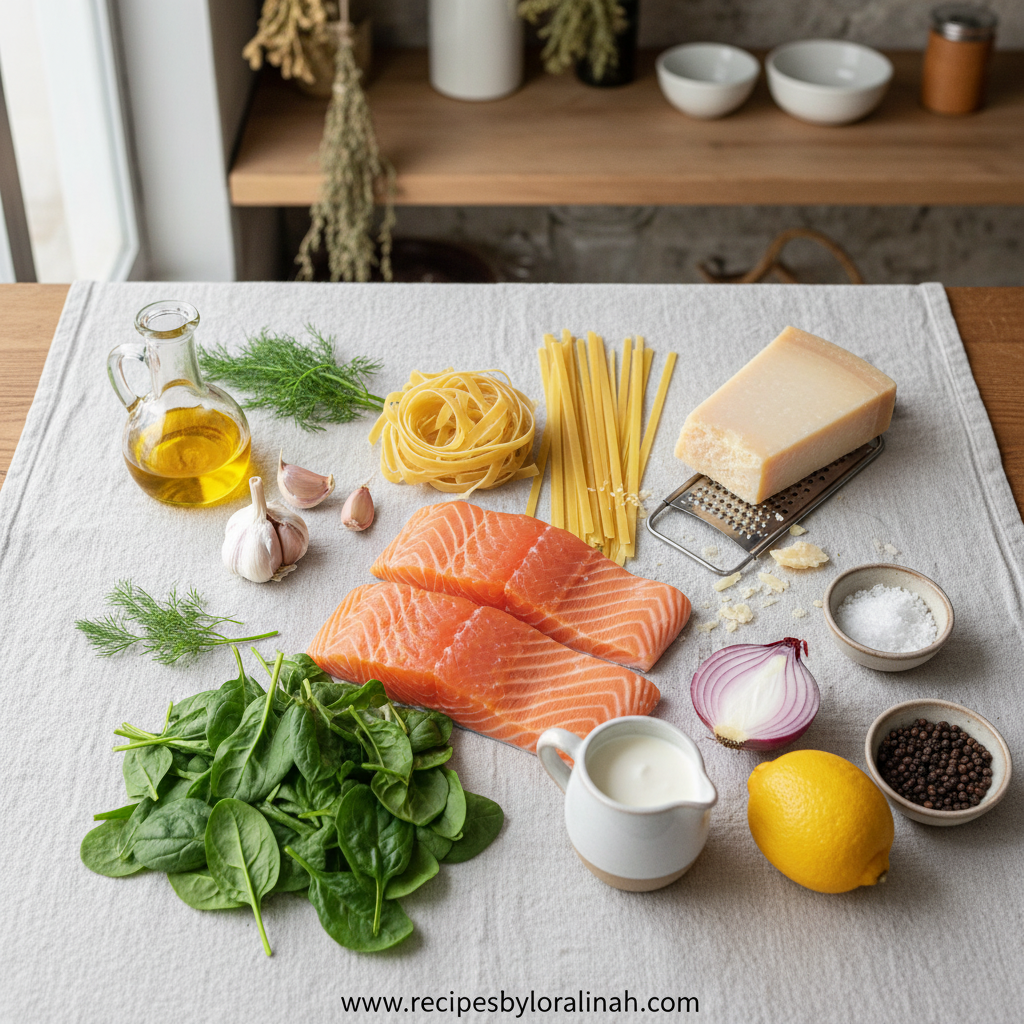 Ingredients for creamy salmon pasta recipe