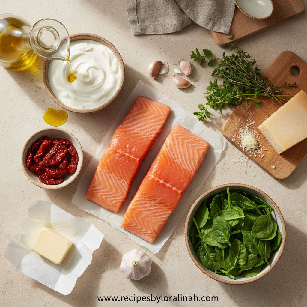 Creamy Tuscan Salmon Recipe with Spinach and Sun-Dried Tomatoes 2 Ingredients for creamy Tuscan salmon recipe