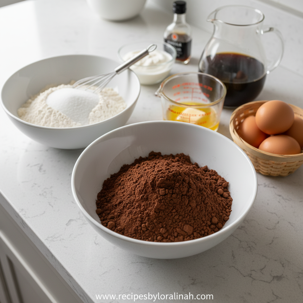Dark Chocolate Sheet Cake Recipe - Rich Cocoa Dessert for Easy Entertaining 2 Ingredients for dark chocolate sheet cake including cocoa powder and dark chocolate