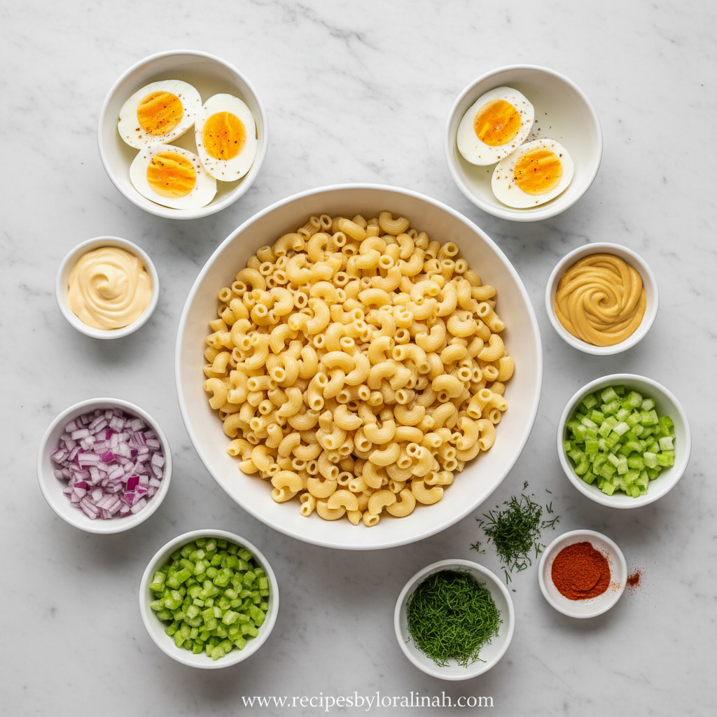 Ingredients for deviled egg pasta salad including pasta, eggs, mayonnaise, and vegetables