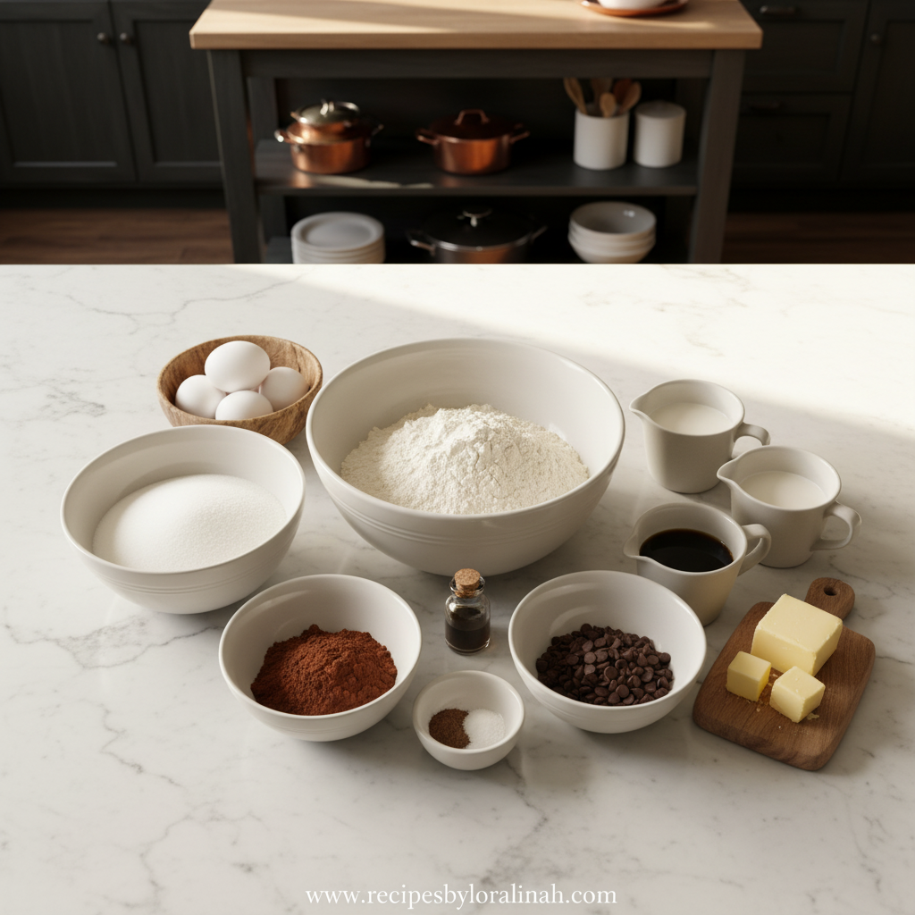 Ingredients for chocolate sheet cake laid out on counter
