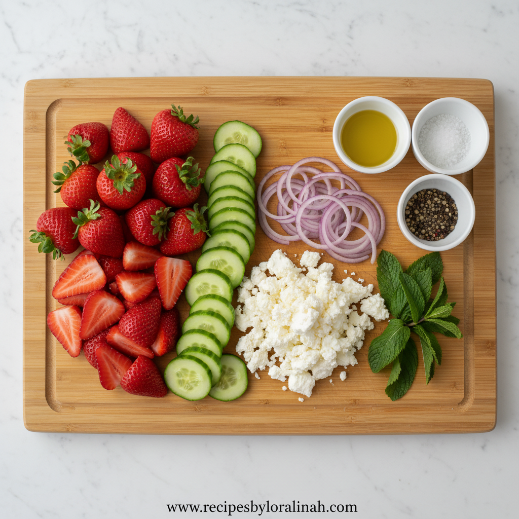 Ingredients for strawberry cucumber feta salad