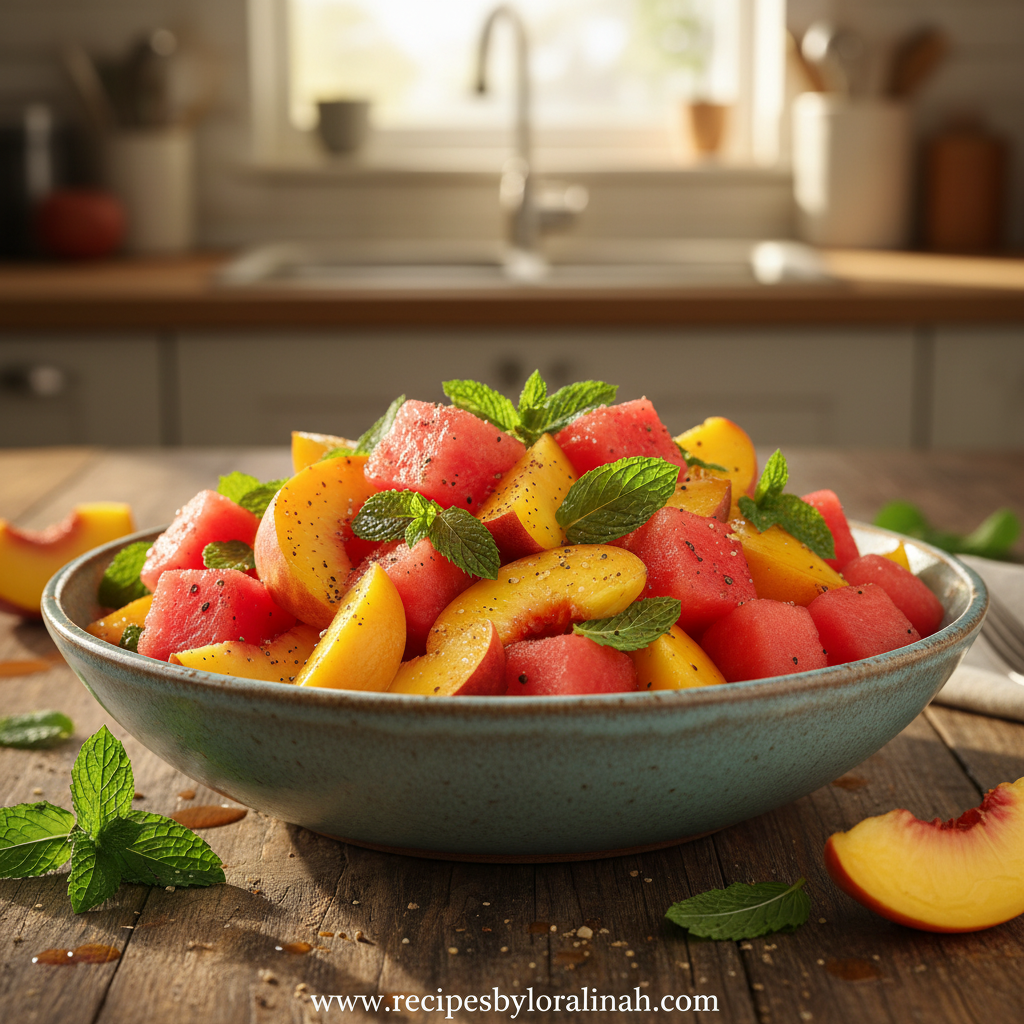 Easy peach watermelon salad in a bowl with fresh mint garnish