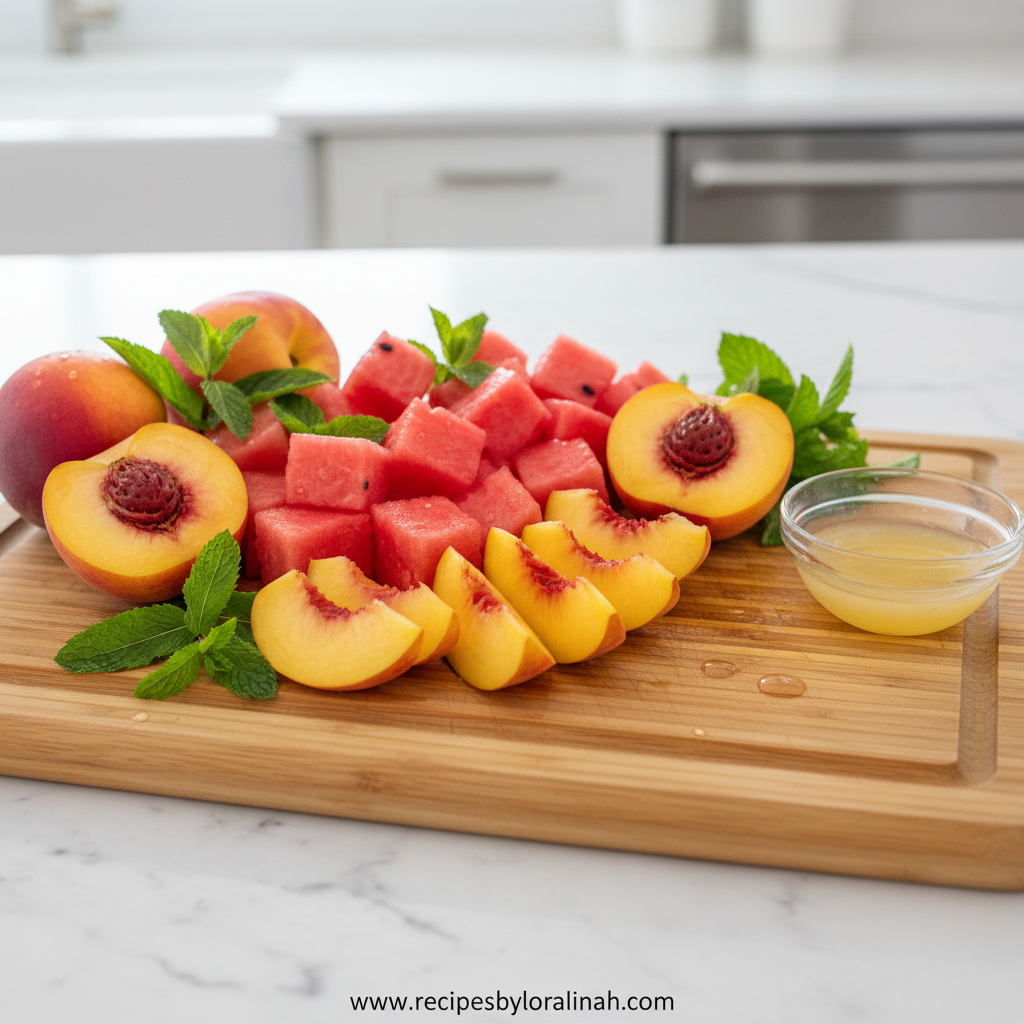 Ingredients for peach watermelon salad including fresh peaches, watermelon, mint, and lime