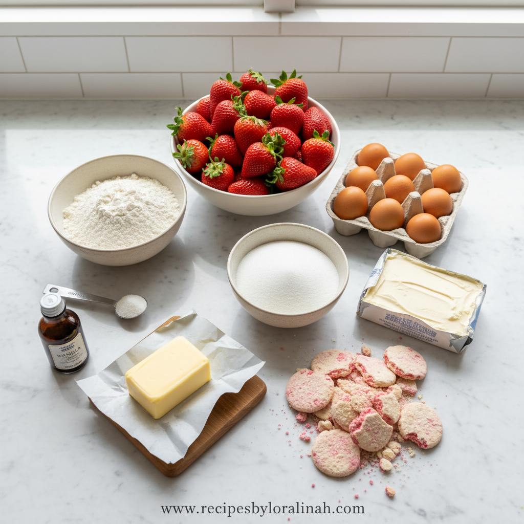 Strawberry Crunch Cake - Easy Layer Cake with Creamy Frosting & Nostalgic Topping 2 Ingredients for strawberry crunch cake laid out on counter