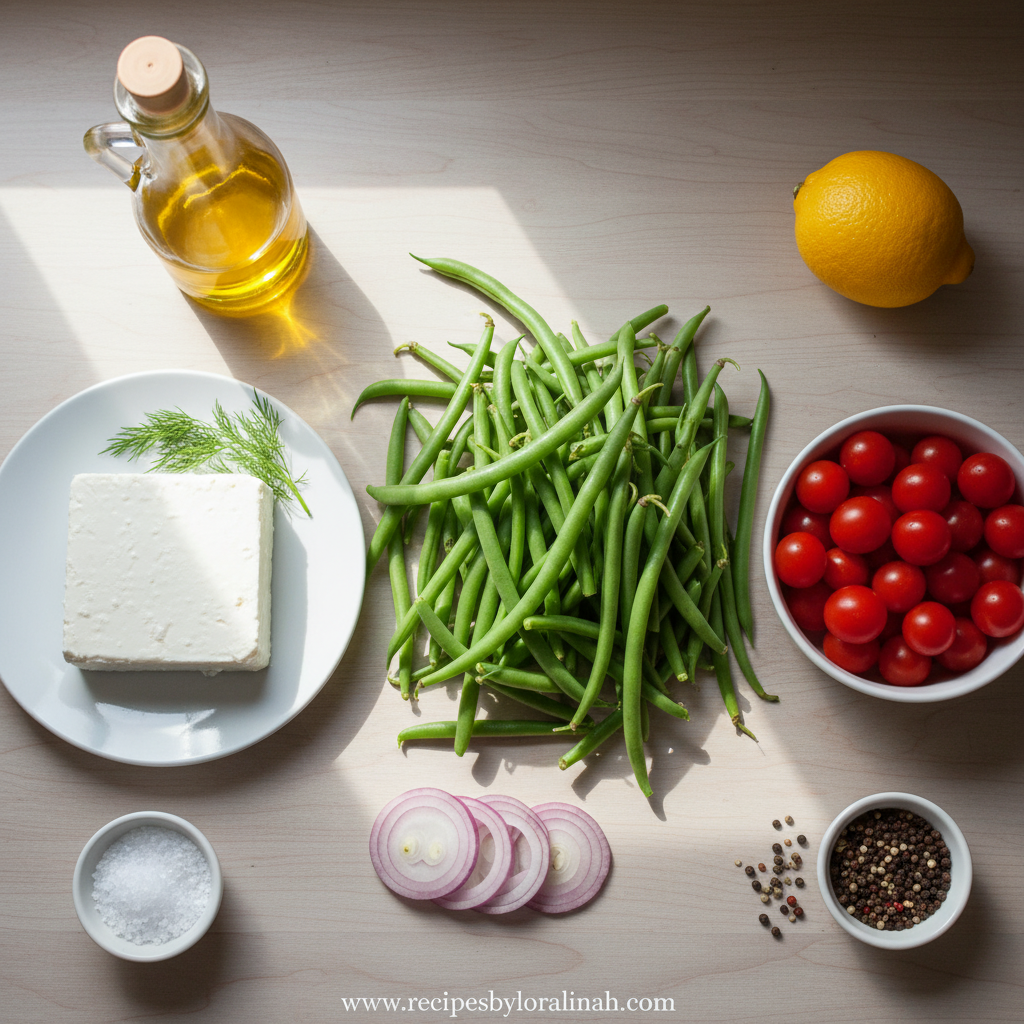 Fresh Green Bean Feta Salad Recipe - 5 Easy Healthy Steps 2 Fresh ingredients for green bean feta salad including green beans, feta, tomatoes, and herbs
