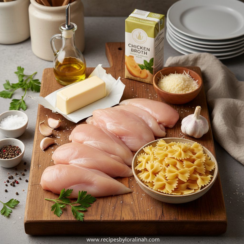 Garlic Butter Chicken Bowtie Pasta - Easy One Pan Dinner Recipe 2 Ingredients for garlic butter chicken pasta including chicken, pasta, garlic, butter, and herbs