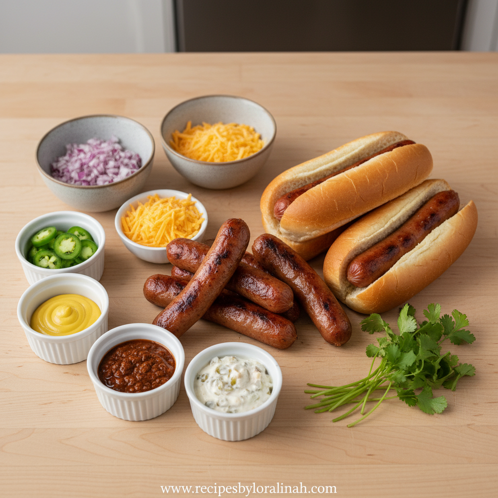 Assorted gourmet hot dog toppings and ingredients