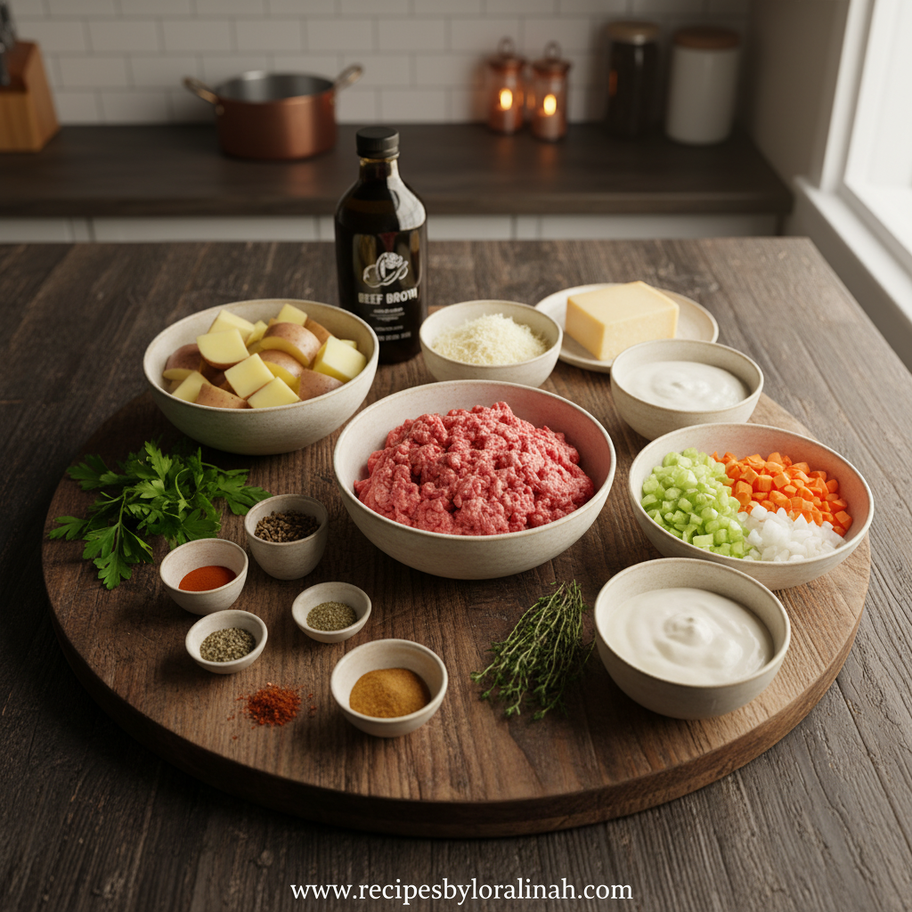 Ingredients for ground beef potato pie