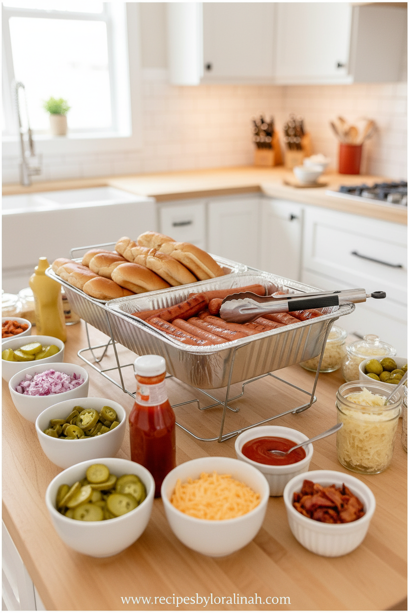 Colorful hot dog bar setup with various toppings and buns