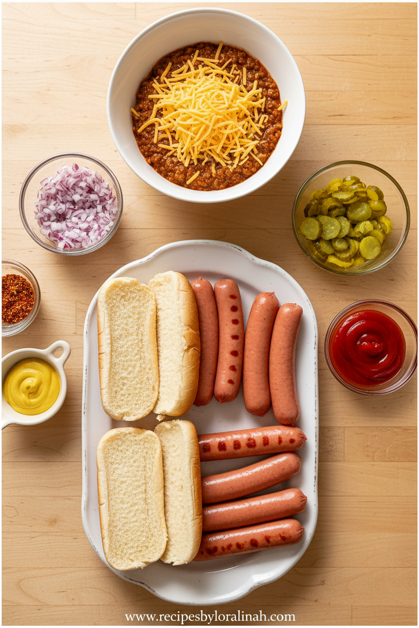 Assorted hot dog toppings and condiments arranged neatly