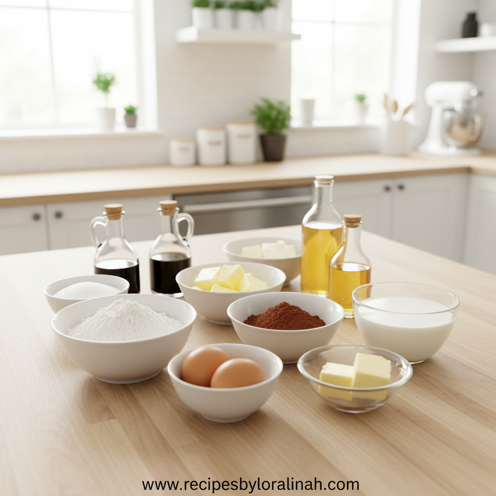 Ingredients for chocolate sheet cake including flour, cocoa powder, sugar, and eggs
