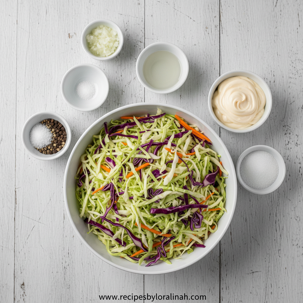 KFC-Style Coleslaw Recipe: Creamy Classic Slaw for BBQs & Sandwiches 2 Coleslaw ingredients including cabbage, carrots, mayonnaise, and seasonings
