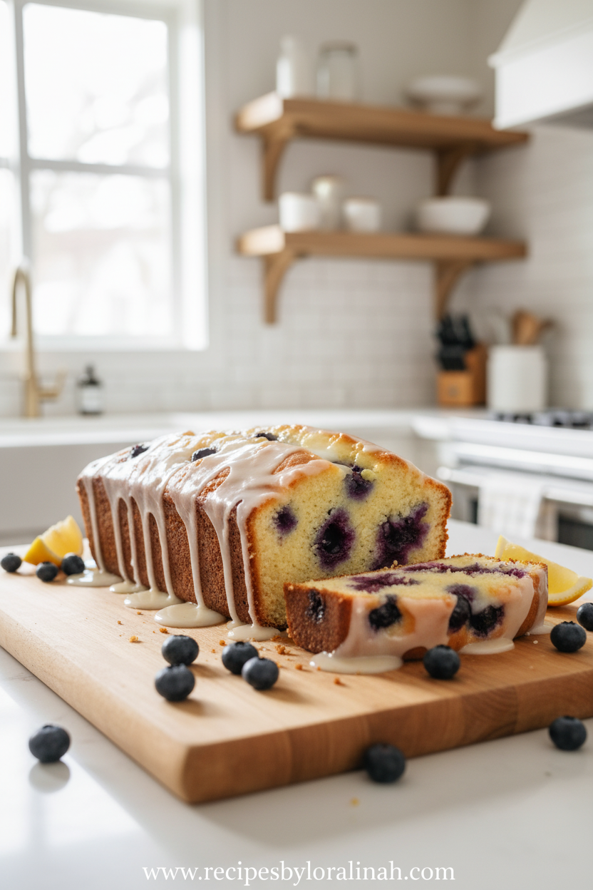 Lemon Blueberry Loaf with Zesty Glaze - Easy Quick Bread Recipe 1 Beautiful lemon blueberry loaf with glaze drizzle
