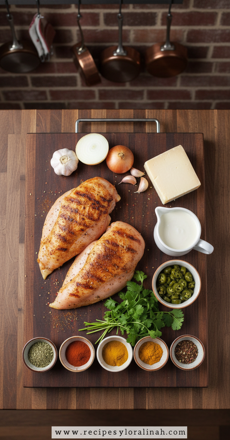 Mexican Chicken with Creamy Cheese Sauce - Easy Weeknight Dinner 2 Ingredients for Mexican chicken recipe including chicken breasts, cheeses, spices and vegetables