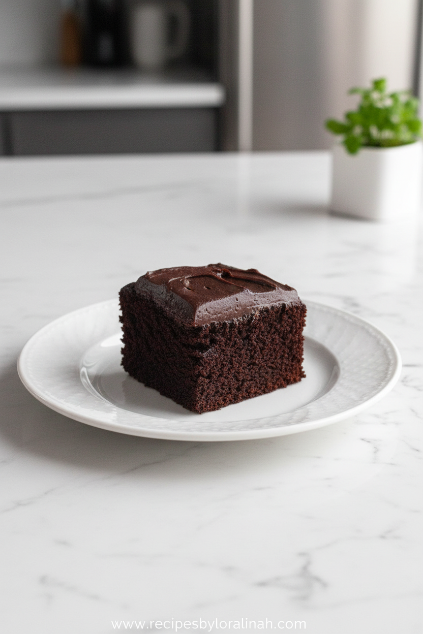 One Bowl Chocolate Cake - Moist Fudgy Dessert Recipe 1 Moist fudgy chocolate cake slice on a plate