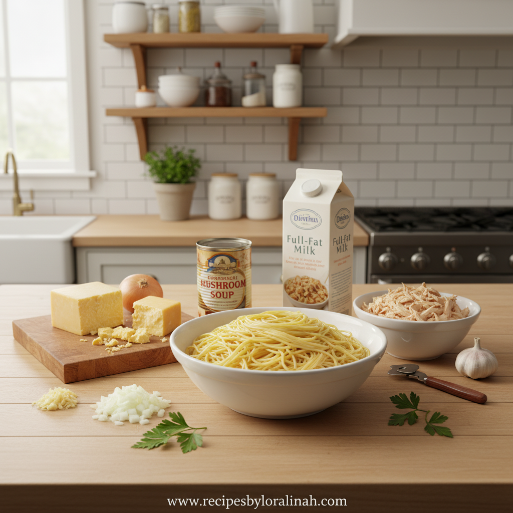 Ingredients for Monterey Chicken Spaghetti including pasta, chicken, cheese, and seasonings