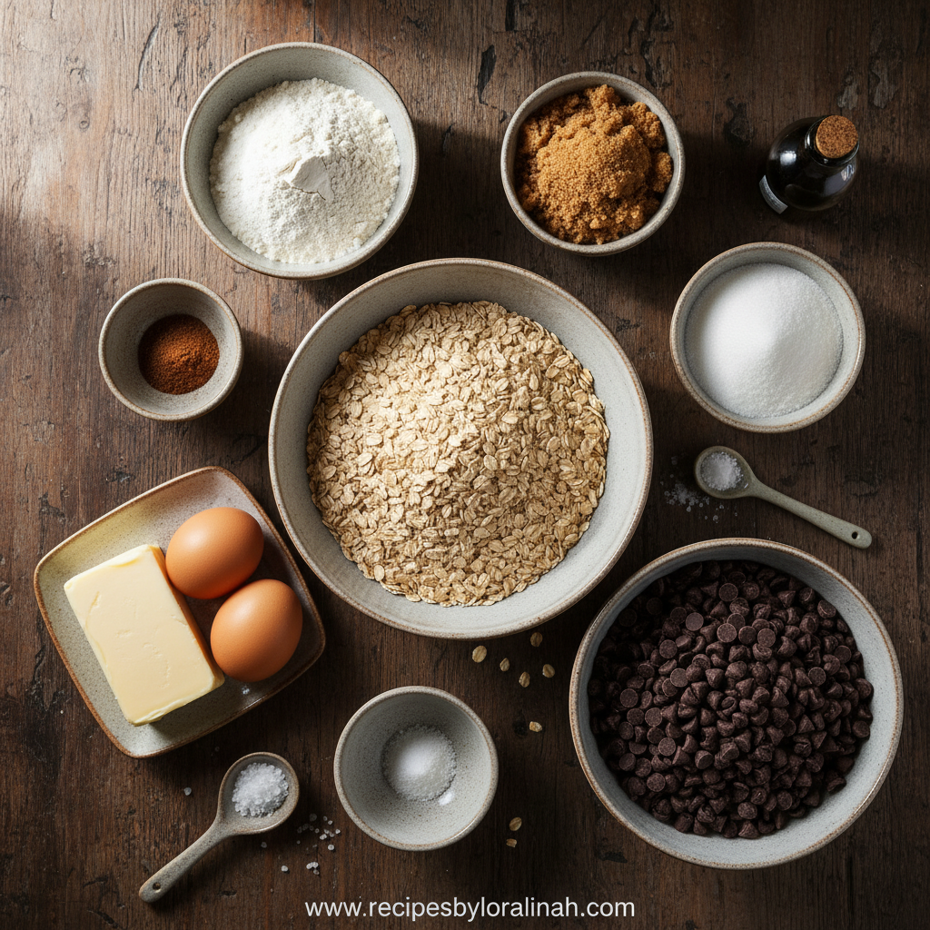 Ingredients for chocolate chip oatmeal cookies