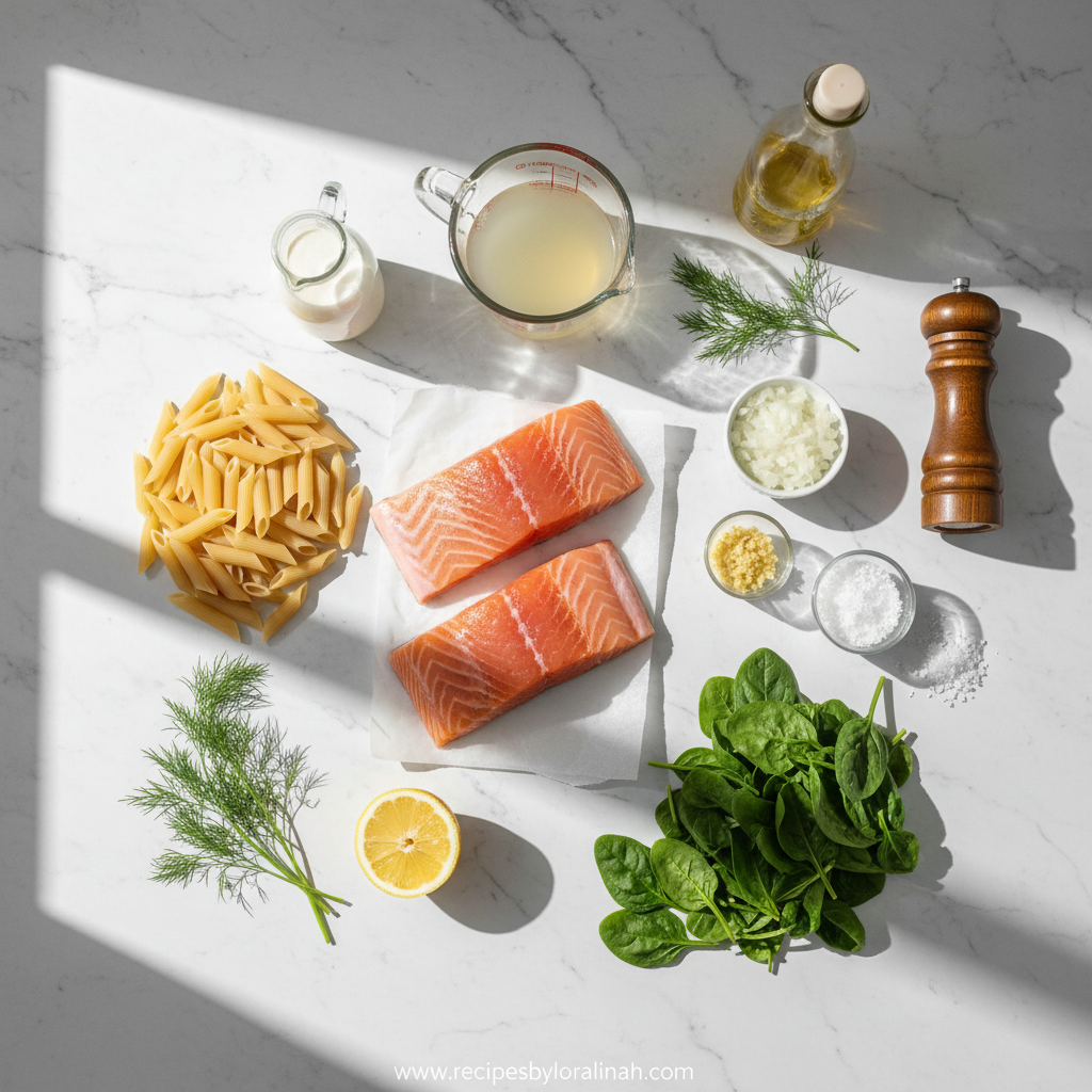 Ingredients for creamy salmon pasta