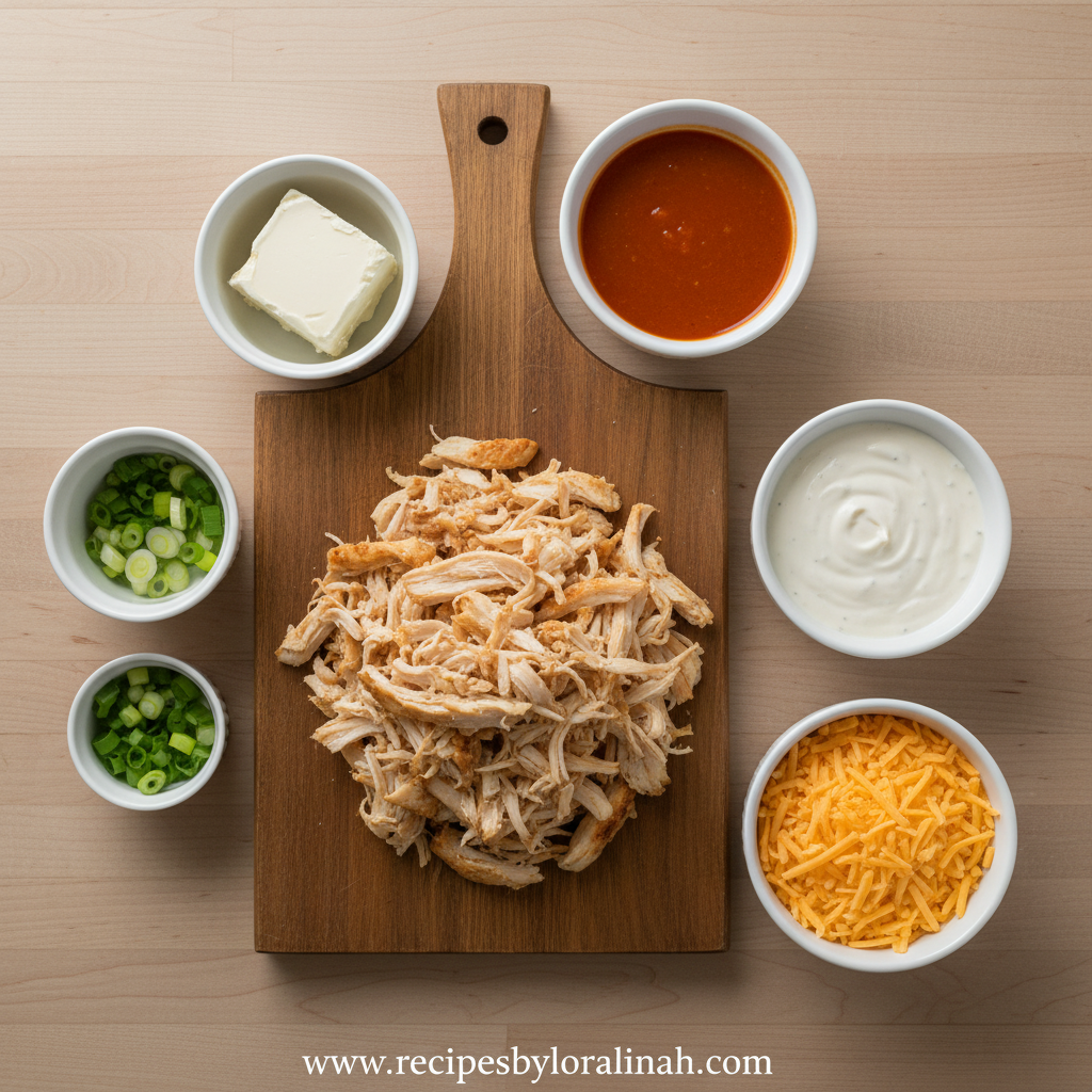 Ingredients for buffalo chicken dip including cream cheese, chicken, buffalo sauce, and cheese