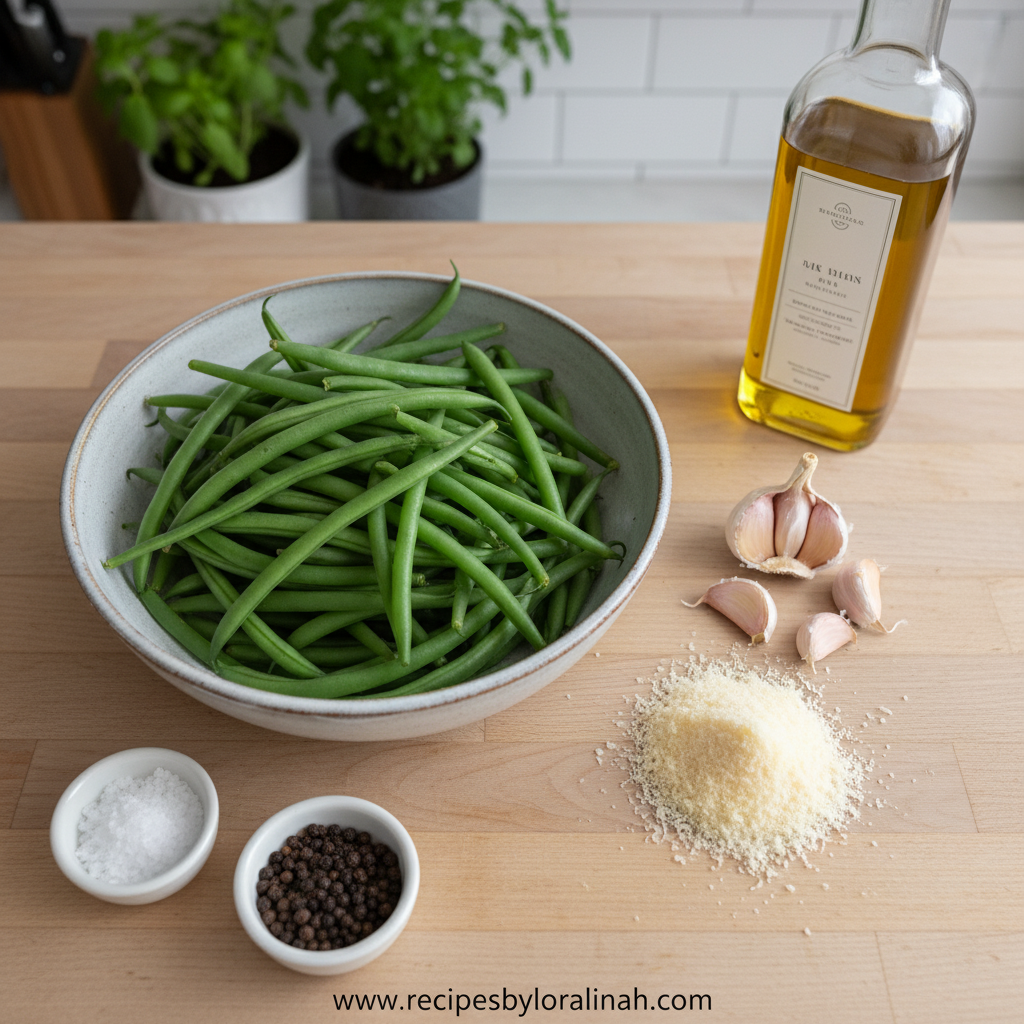 Garlic Parmesan Roasted Green Beans - Crispy Cheesy Side Dish 2 Ingredients for garlic parmesan green beans: fresh green beans, garlic, parmesan cheese, olive oil