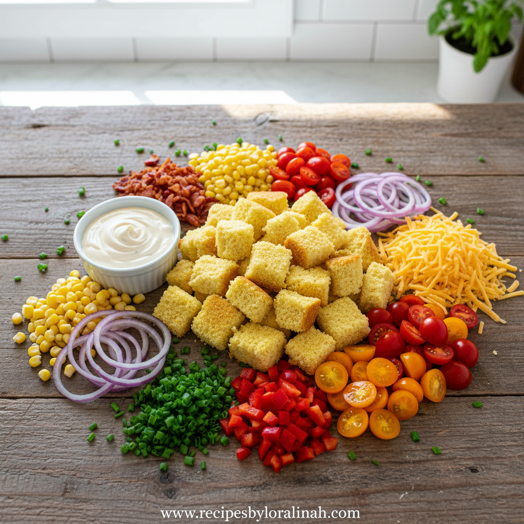 Paula Deen's Famous Cornbread Salad - Classic Southern Layered Recipe 2 Ingredients for Paula Deen cornbread salad including cornbread, vegetables, and dressing