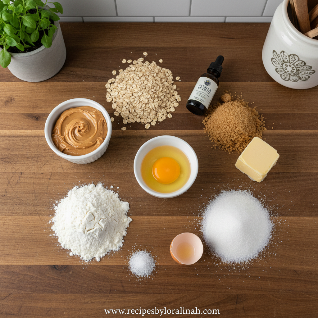 Ultimate Peanut Butter Oatmeal Cookies - Chewy Classic Recipe 2 Ingredients for peanut butter oatmeal cookies laid out on counter