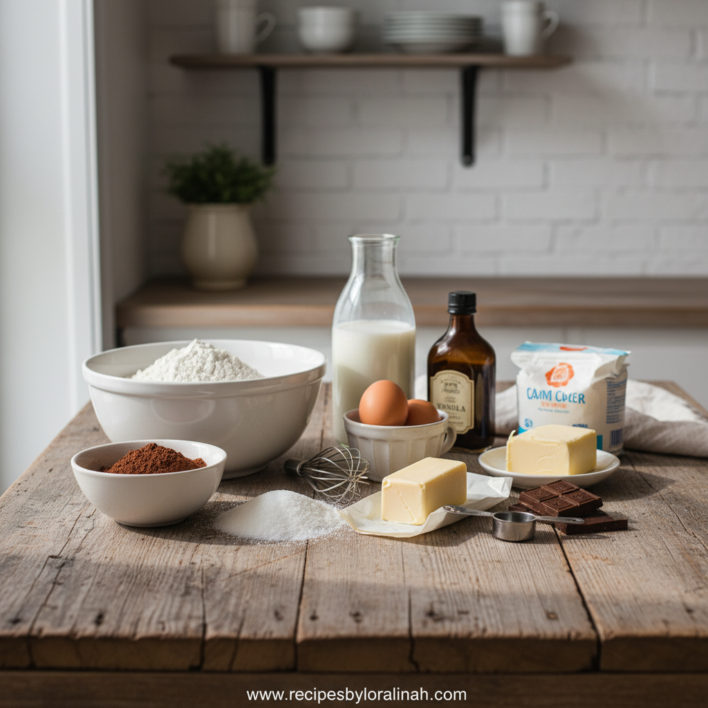 Ree Drummond's Ultimate Chocolate Sheet Cake Recipe - Classic Crowd-Pleasing Dessert 2 All ingredients needed for chocolate sheet cake arranged on counter