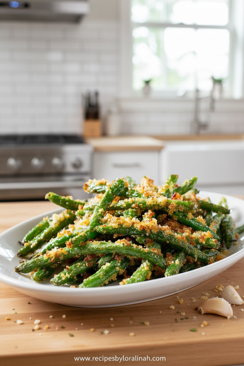 Savory garlic Parmesan roasted green beans in a baking dish
