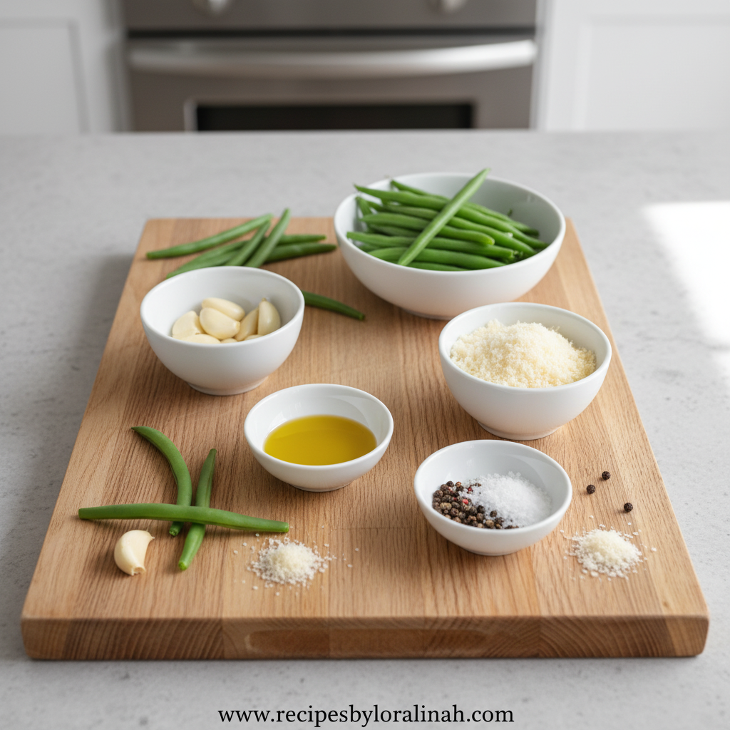 Ingredients for garlic Parmesan green beans: fresh green beans, garlic, Parmesan cheese, olive oil, herbs