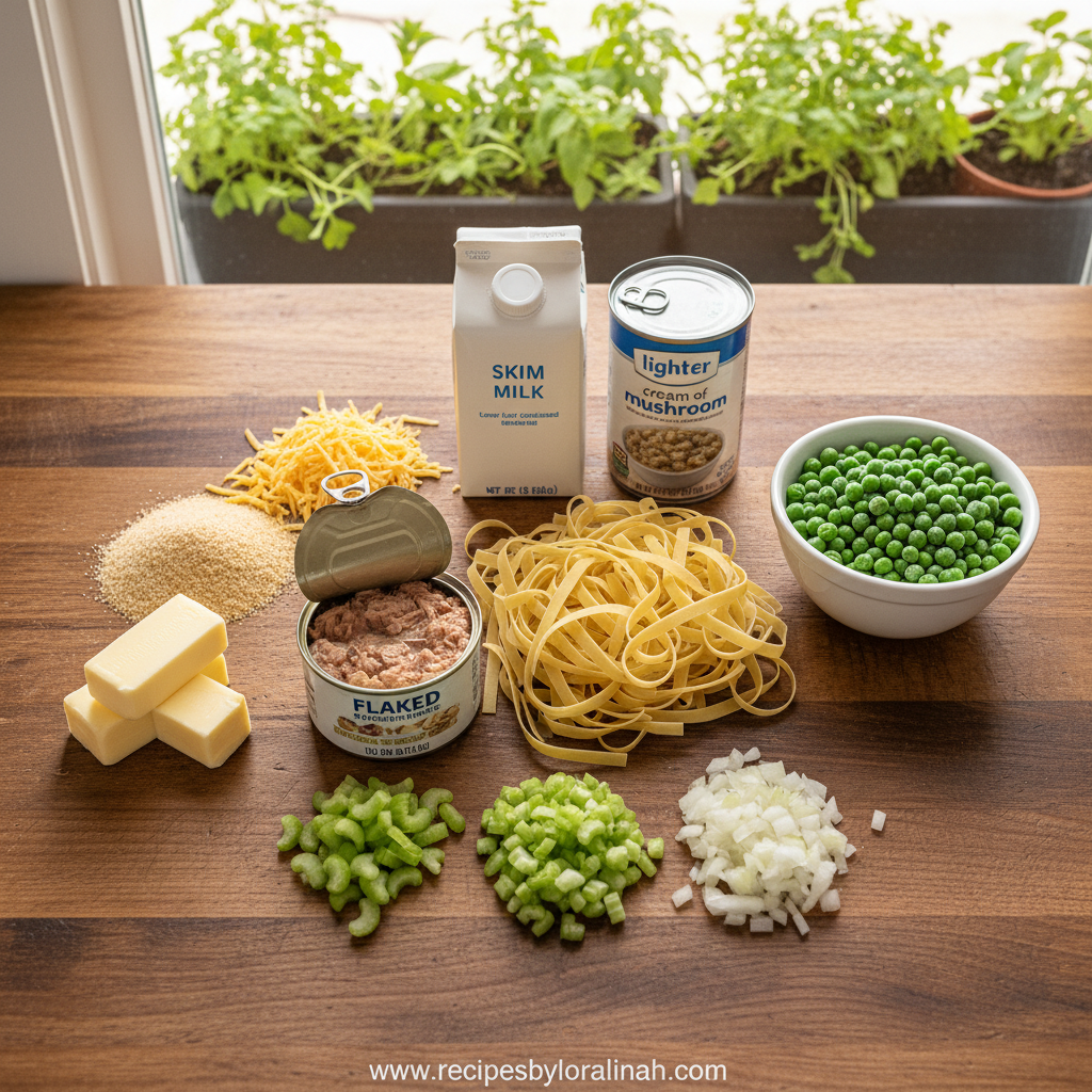 Ingredients for healthy tuna noodle casserole