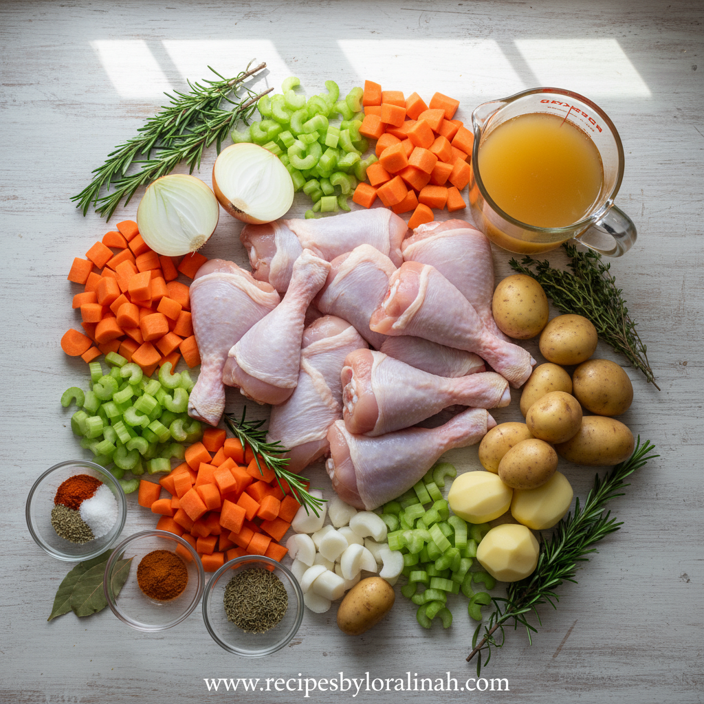 Ultimate Slow Cooker Chicken Stew Recipe - Easy Comfort Food Dinner 2 Ingredients for slow cooker chicken stew organized on counter