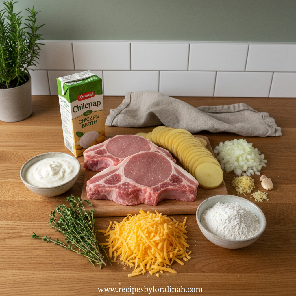 Smothered Beef Chop Casserole with Scalloped Potatoes - Easy One Dish Family Dinner 2 Ingredients for beef chop and scalloped potato casserole