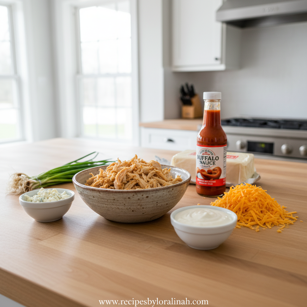 Ingredients for buffalo chicken dip including chicken, cream cheese, buffalo sauce, and cheese