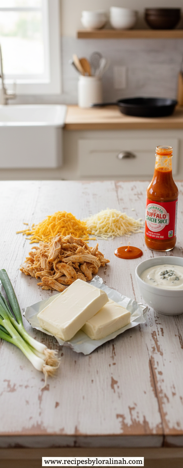 Ingredients for buffalo chicken dip arranged neatly