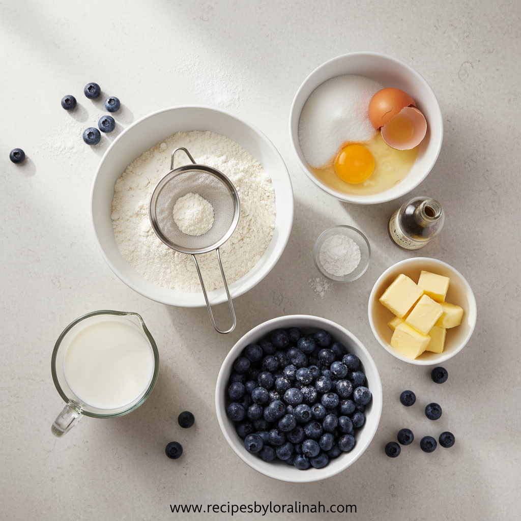 Ingredients for homemade blueberry muffins including flour, blueberries, eggs, and butter