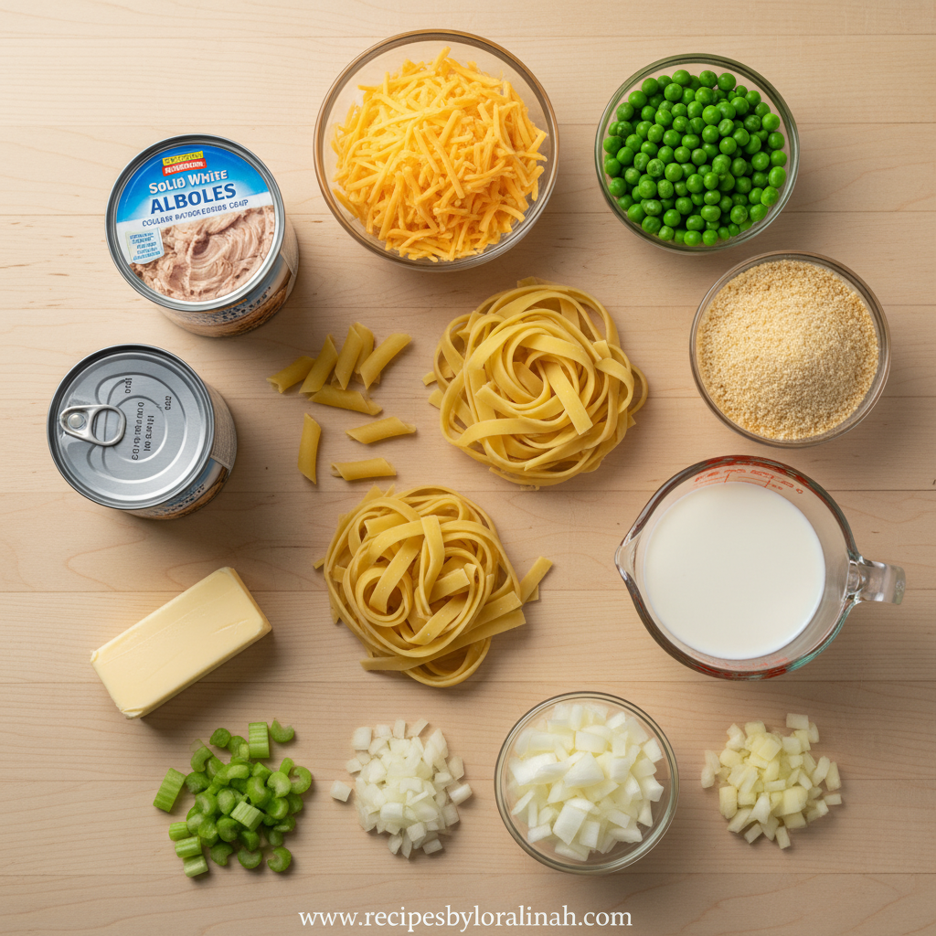 Ingredients for tuna noodle casserole including noodles, tuna, peas, and cheese