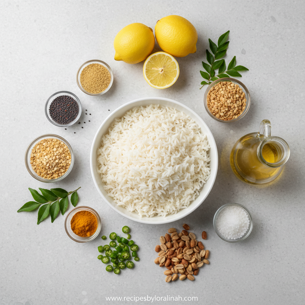 Ingredients for lemon rice including rice, lemons, herbs and spices